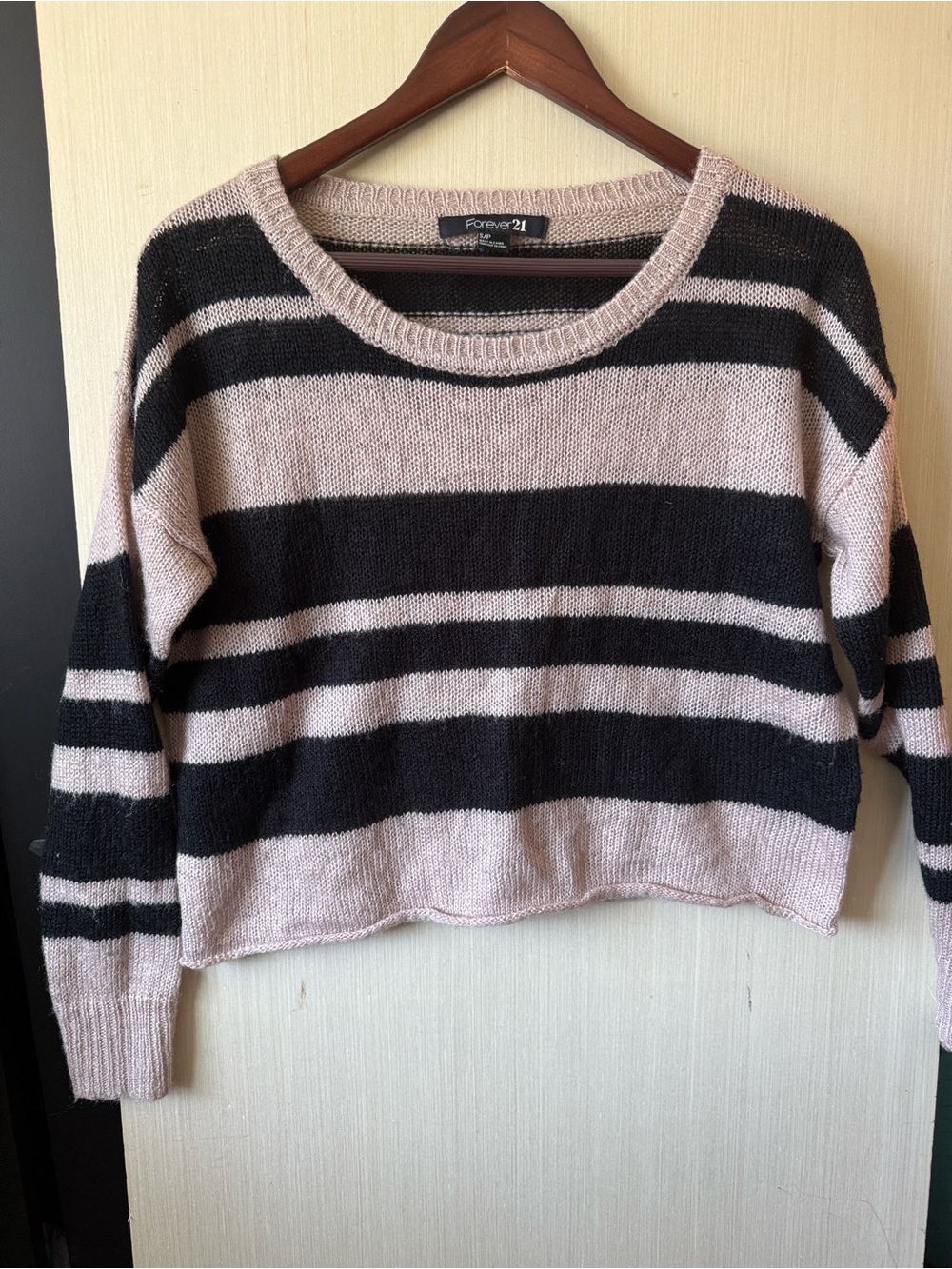Forever 21 Black and Pink Striped Crewneck Sweater